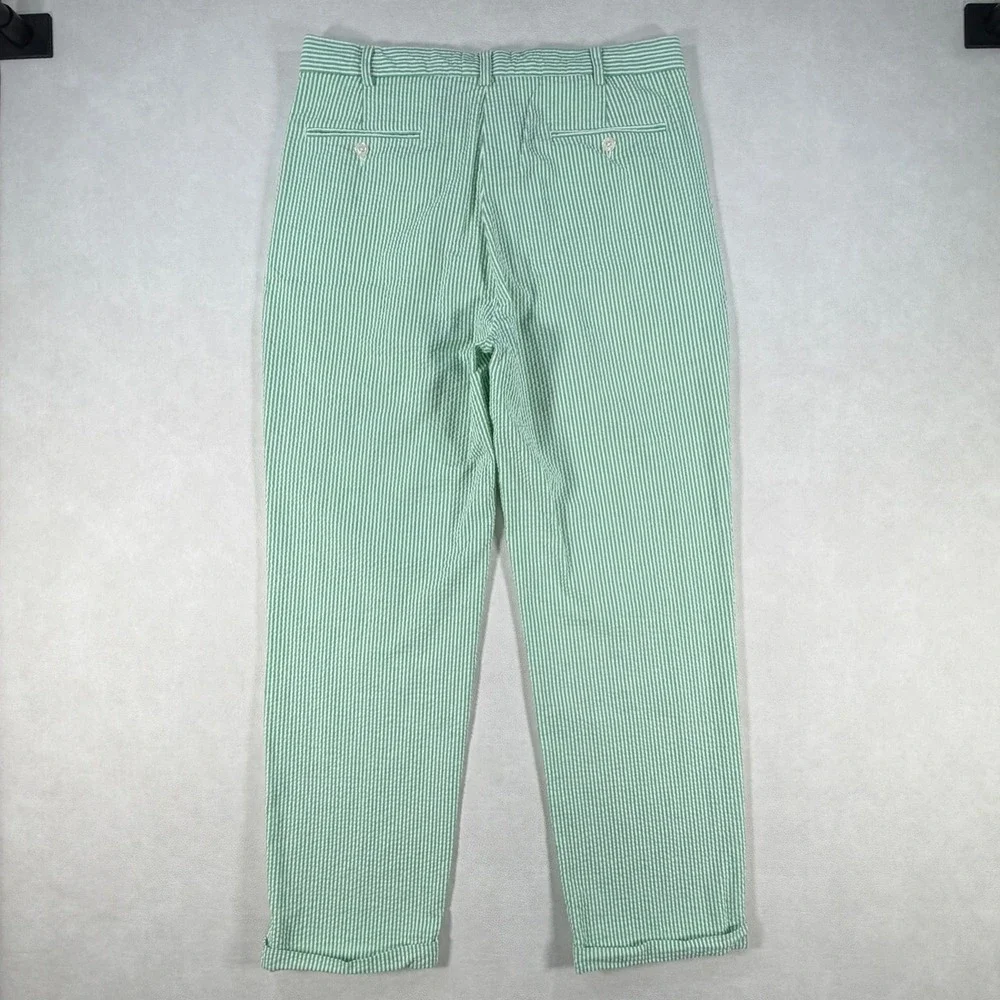 VTG Jos A Bank Mens Green White Seersucker Pleated Pants Striped Trousers 36x32